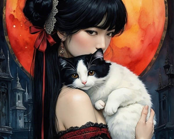 Woman in Elegant Outfit with Cat and Full Moon