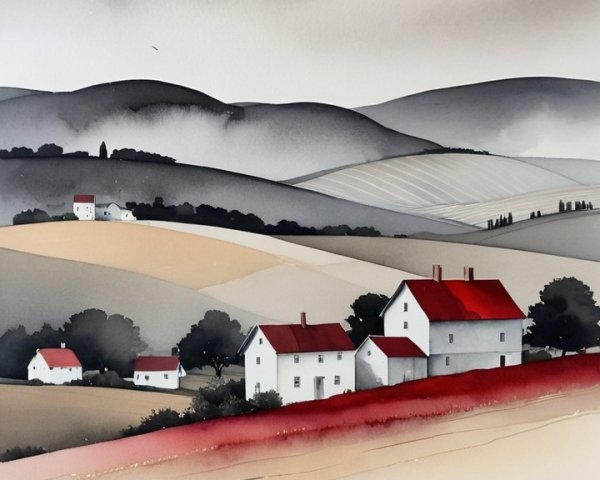 Serene Landscape with Rolling Hills and Red Flowers