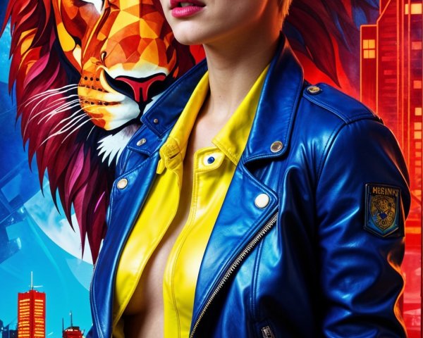 Stylish Woman in Blue Jacket Against Colorful Background