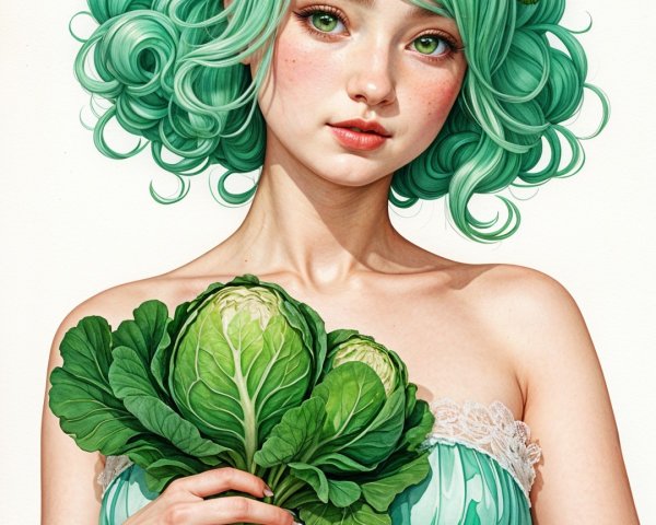 Whimsical character with green hair and bunny ears