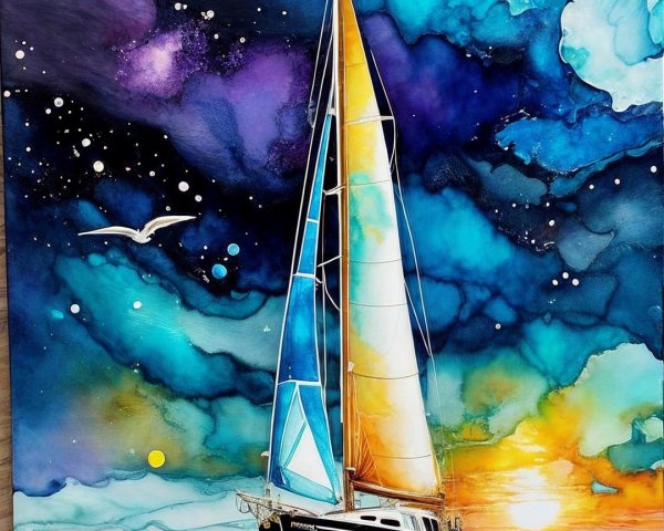 Vibrant Sailboat in Calm Waters Under Night Sky