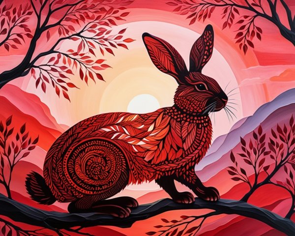 Rabbit on Branch Surrounded by Red Leaves at Sunset