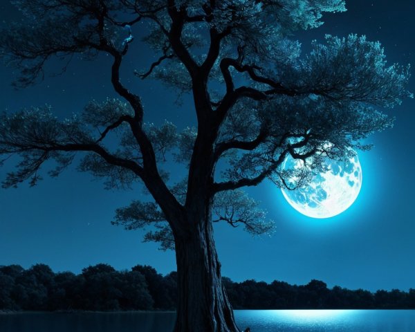 Solitary Tree on Rocky Shore Under Full Moon