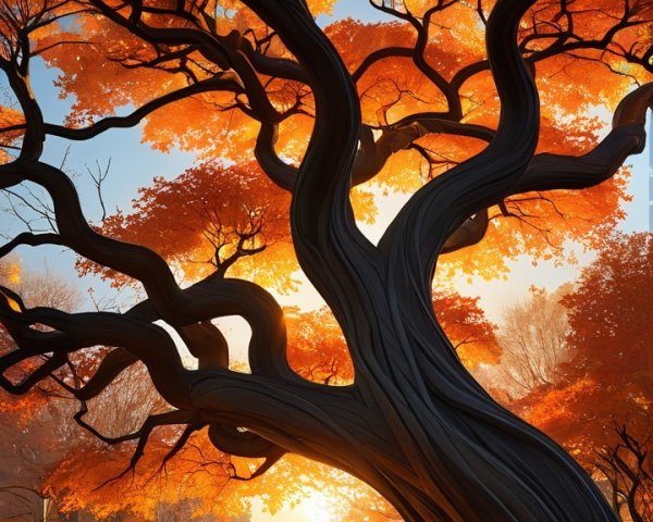Majestic tree with orange leaves under blue sky