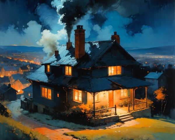 Old-Fashioned House Illuminated at Night with Smoke