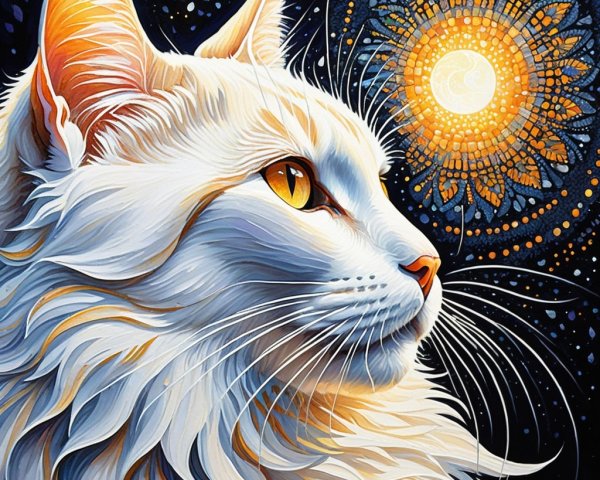Majestic white cat in a starry night setting