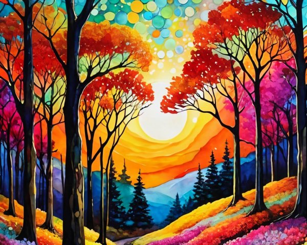 Vibrant Autumn Landscape with Winding Path and Flowers