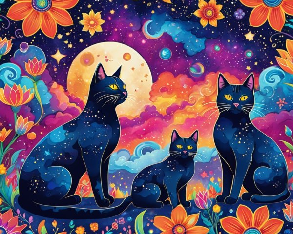 Three Black Cats in a Cosmic Galaxy Scene