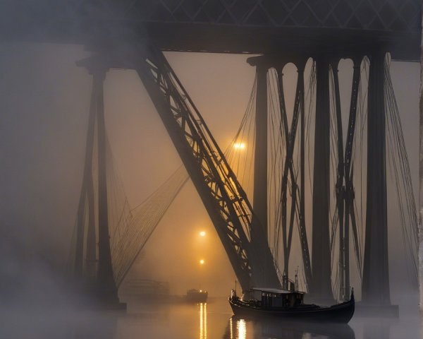 Foggy Bridge Scene with Serene Boat and Sunlight