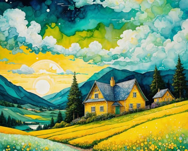 Vibrant Landscape with Yellow House and Flowers