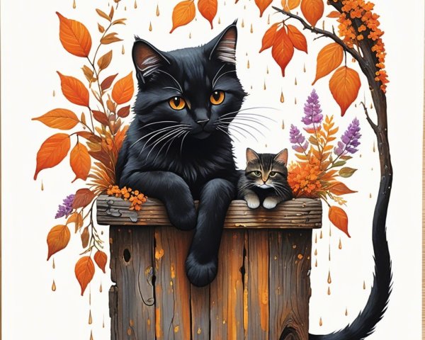 Whimsical Illustration of Cats Among Autumn Leaves