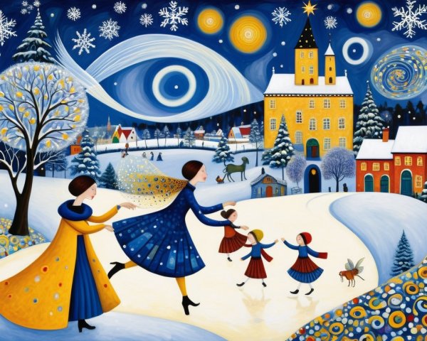 Whimsical Winter Scene with Joyful Women and Children