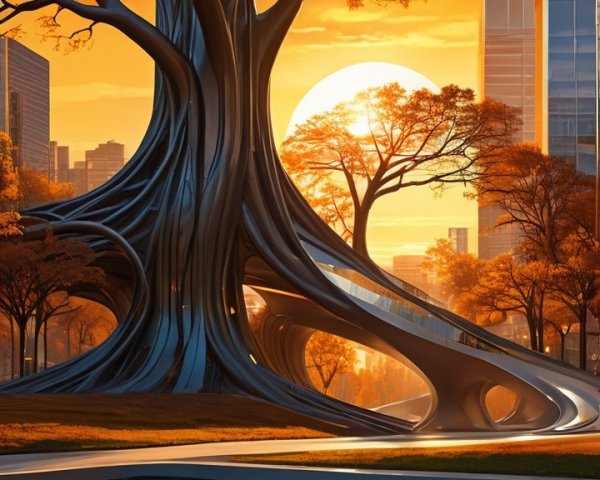 Futuristic cityscape with sunset and metallic tree