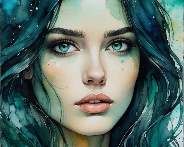 Watercolor Portrait of Woman with Dark Hair and Blue Eyes