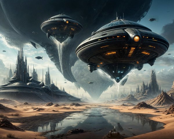 Futuristic Desert Landscape with Hovering Spacecraft