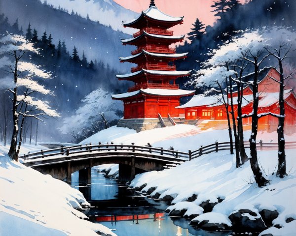 Winter Landscape with Pagoda and Snowy Mountains