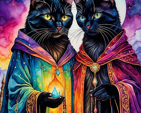 Majestic black cats in colorful cloaks with crystals
