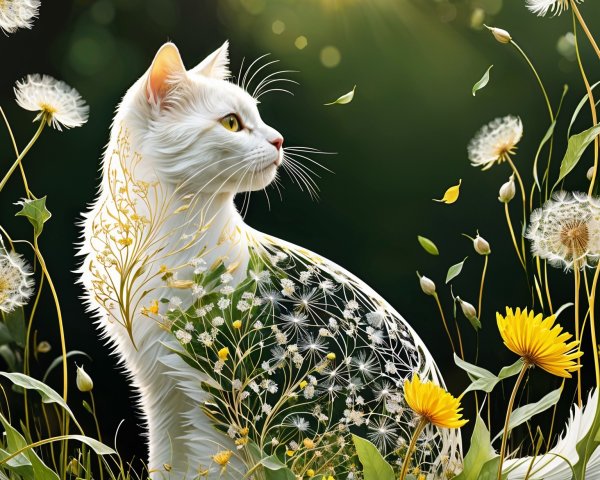 White Cat in a Vibrant Meadow of Dandelions