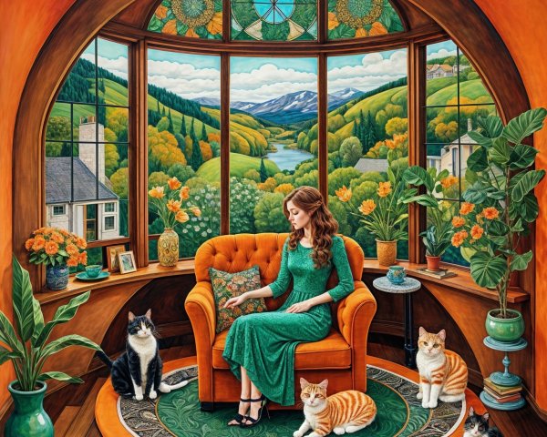 Woman in Green Dress Surrounded by Cats in Sunlit Room