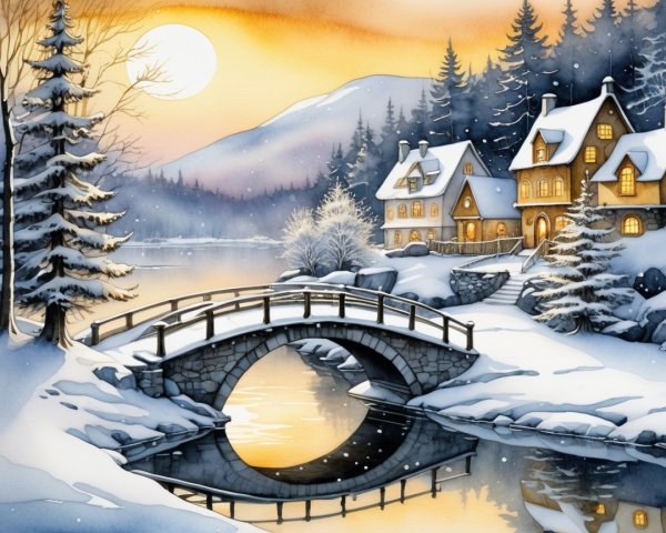 Watercolor Painting of a Winter Village Scene