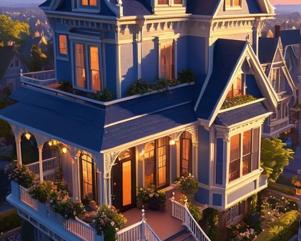 Victorian-style mansion with blue roof and gardens