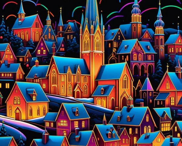 Illuminated Village at Night with Colorful Buildings