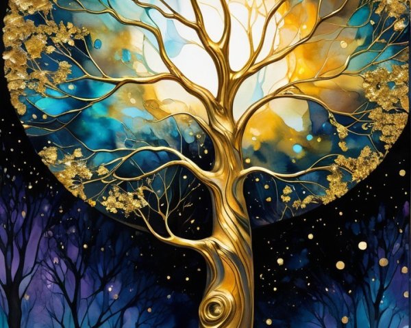 Golden Tree Artwork with Ethereal Background and Stars