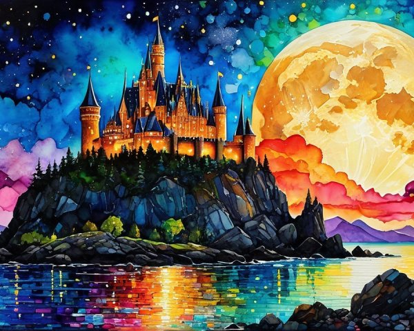 Watercolor Painting of Castle on Rocky Island at Night