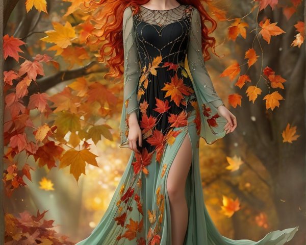Woman in elegant gown among vibrant autumn leaves