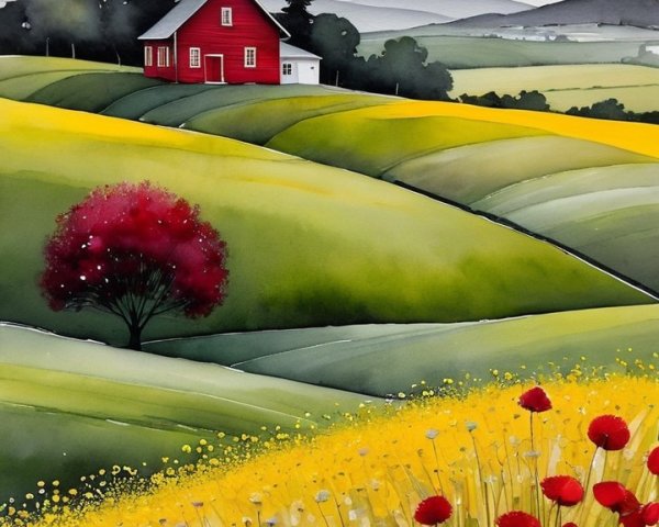 Quaint Red House on Green Hills with Colorful Flowers