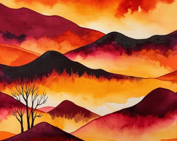 Vibrant Watercolor Landscape of Sunset Hills and Tree