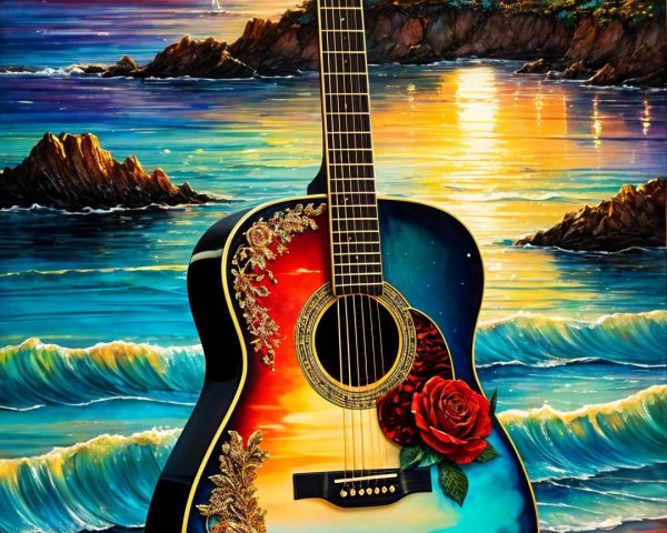 Acoustic Guitar on Beach at Sunset with Coastal Town