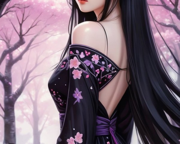 Young woman in black dress among cherry blossoms