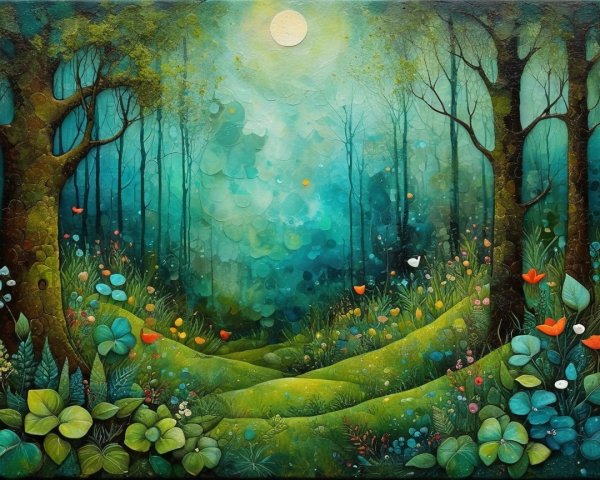 Serene Woodland Scene with Ethereal Light and Blooms