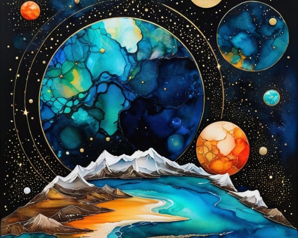 Abstract Landscape with Cosmic Elements and Textures