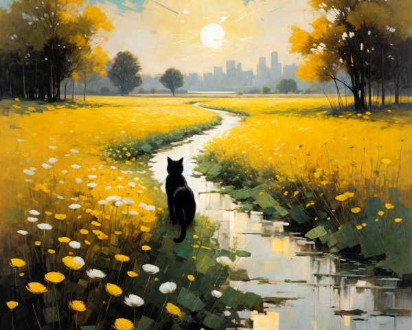 Black Cat by Winding Creek in Vibrant Landscape