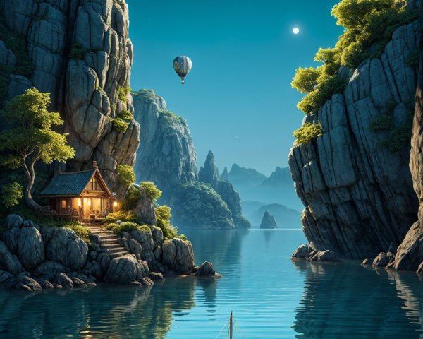 Serene landscape with boat, cliffs, and moonlit scene