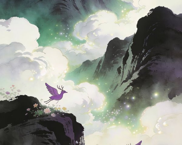 fantastical mountain landscape with swirling clouds and sparks