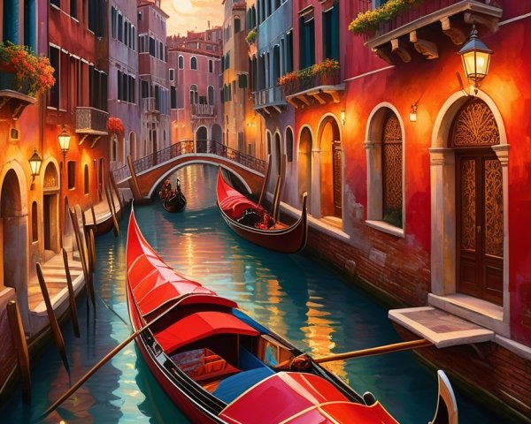 Venetian Canal at Sunset with Gondolas and Colorful Buildings