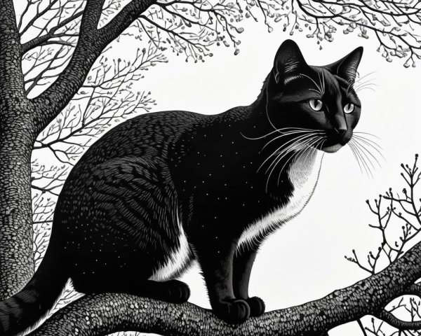 Black Cat on Tree Branch with Whimsical Background
