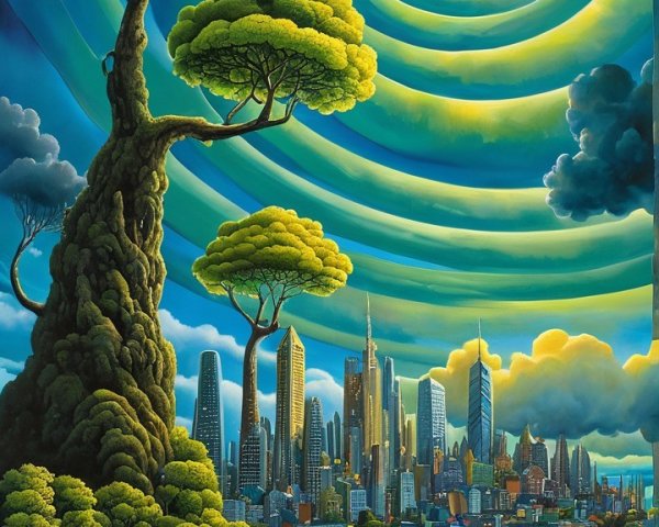 Surreal Landscape with Towering Tree and City Skyline
