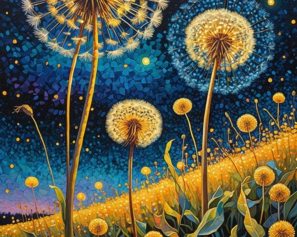 Vibrant Dandelion Flowers Against Night Sky Background