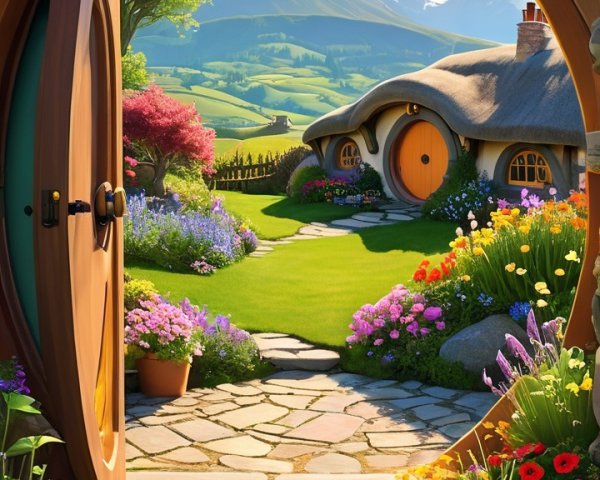 Charming Cottage Surrounded by Vibrant Flower Beds