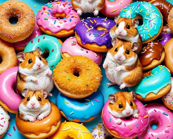 Colorful donuts and hamsters on a blue background