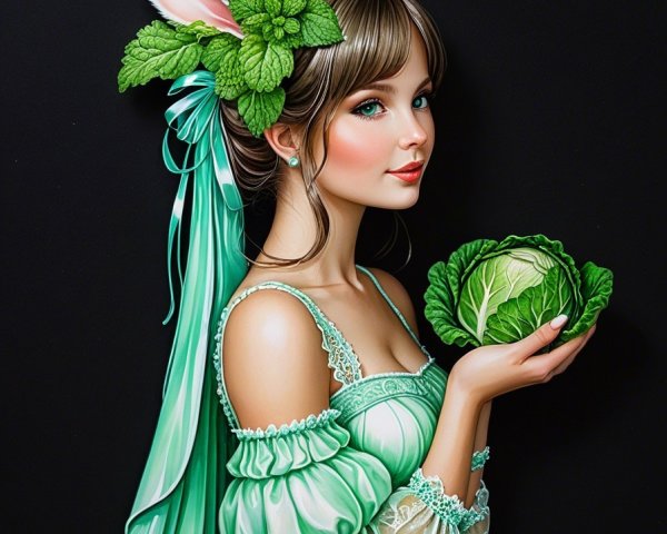 Young woman with bunny ears and cabbage in dark setting