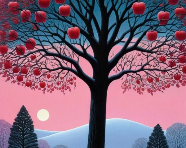 Surreal Winter Scene with Heart-Adorned Tree