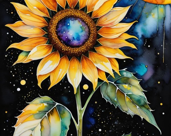 Sunflower Against Cosmic Galaxy Background