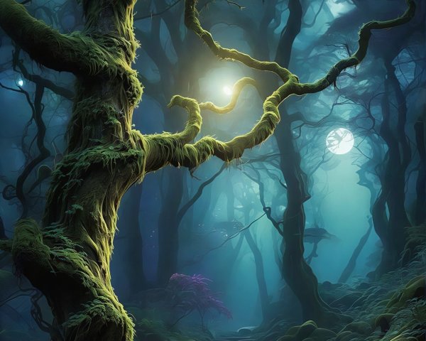 Fantasy Forest at Night with Glowing Elements