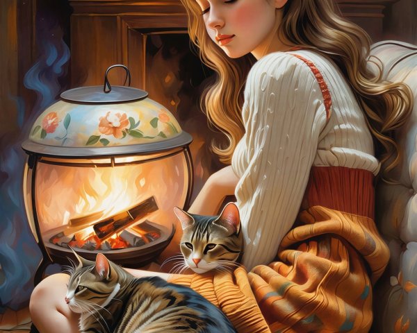 Young Woman with Cats by Antique Stove in Cozy Setting