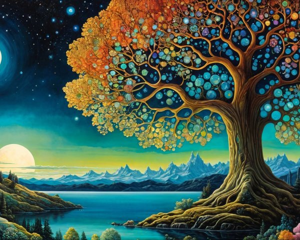 Surreal Landscape with Majestic Tree and Lake